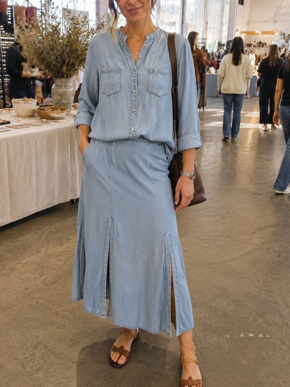 Renuar 100% Lyocell Denim Matching 2 Piece Set Shirt Midi Skirt M